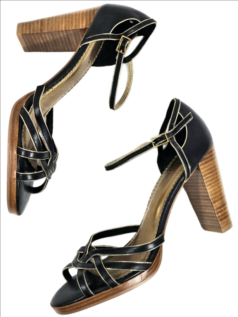 Seychelles Leather Black Metallic Gold Open Toe Ankle Strap Block Heel Sandal